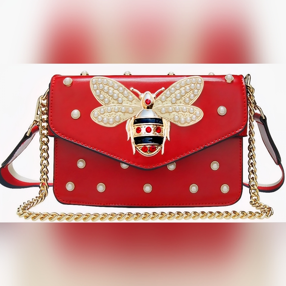 Red Designer Crossbody Bag with Gold Accents